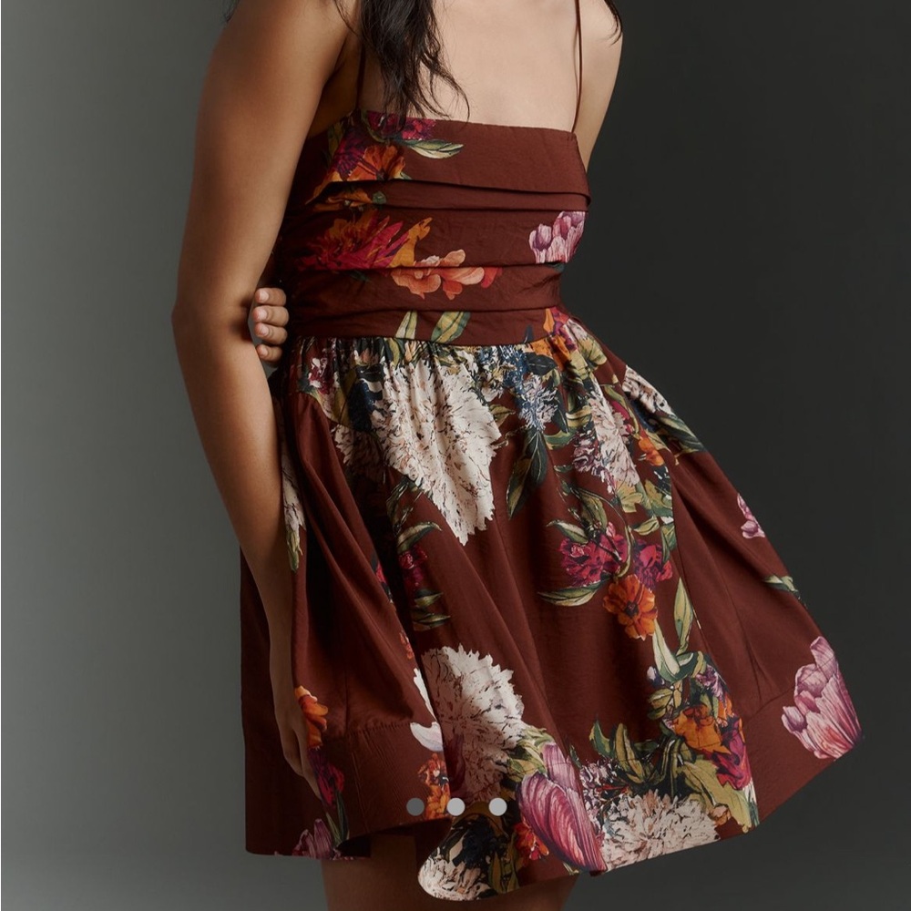 Anthropologie Strapless Floral Dress in Brown and Pink